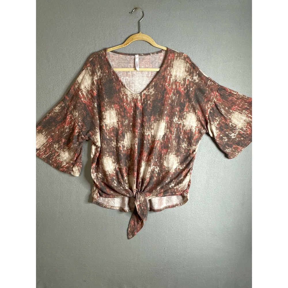 GeeGee Tie Front V‎ Neck Abstract Print Dolman Sleeve Top L